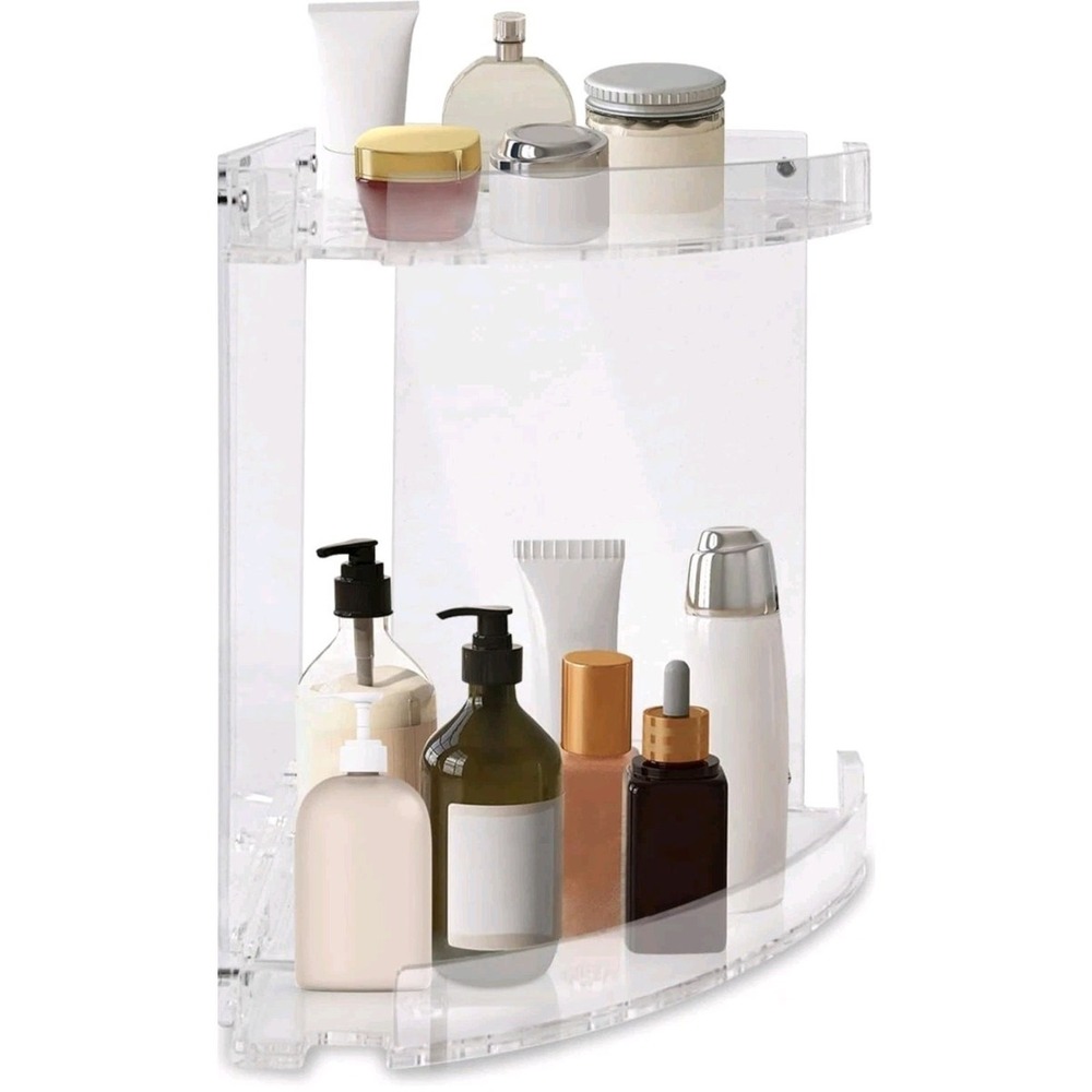 Acrylic Storage Organizer 2 Tier Bathroom Corner Shelf Clear Makeup Holder s1
